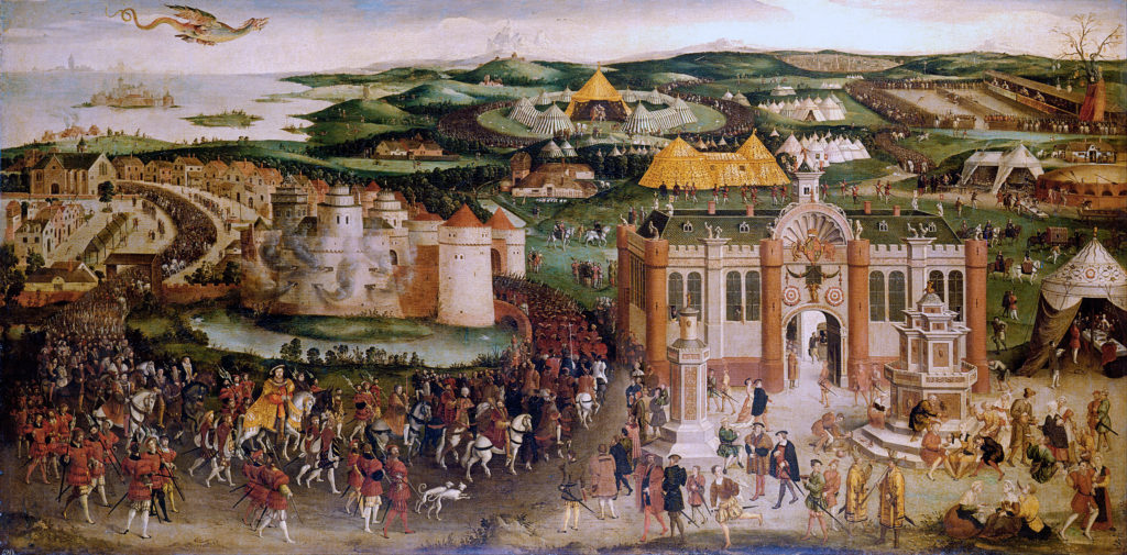 16th c. image of the Field of Cloth of Gold showing procession of royals, temporary palaces, and tiltyards